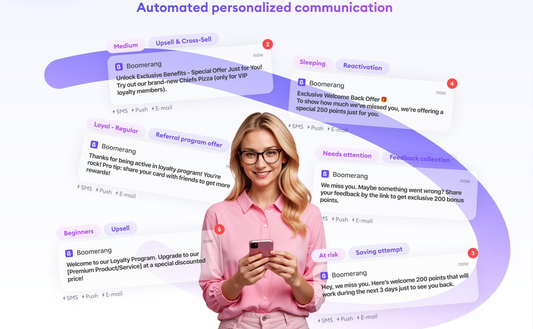 A woman holding a cell phone with several push notifications around her.