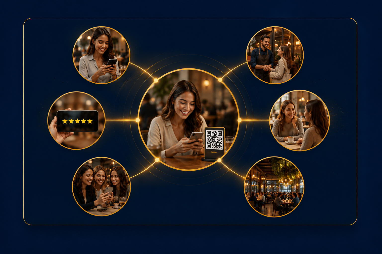 A circular image in the middle with a woman looking at her phone and then 6 gold wave lines to other circles showing different images of her , 5 stars, her with friends